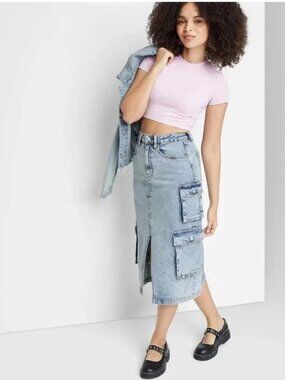 Wild Fable Cargo Midi Skirt Light Wash Denim Slit Pockets Size M